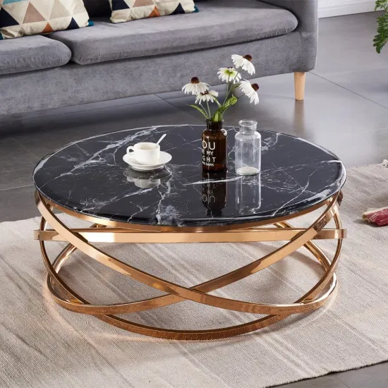 Mesas de centro de lujo modernas de cristal de mármol negro, mesas redondas de acero inoxidable doradas para sala de estar