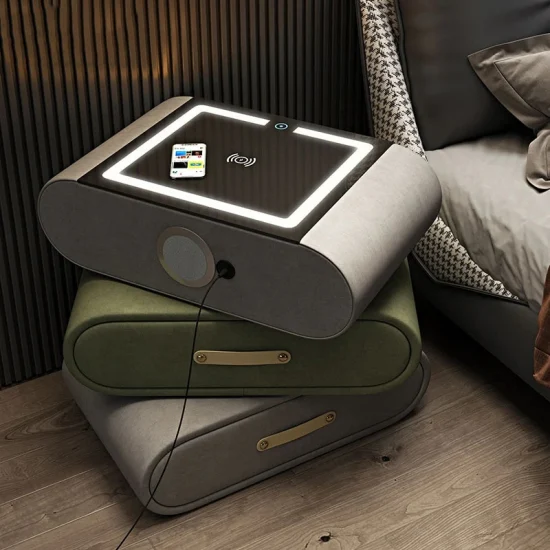 Mesita de noche giratoria inteligente multifunción Nova, muebles modernos para dormitorio de hotel, mesa de noche inteligente con acabado de tela de lino y estación de carga